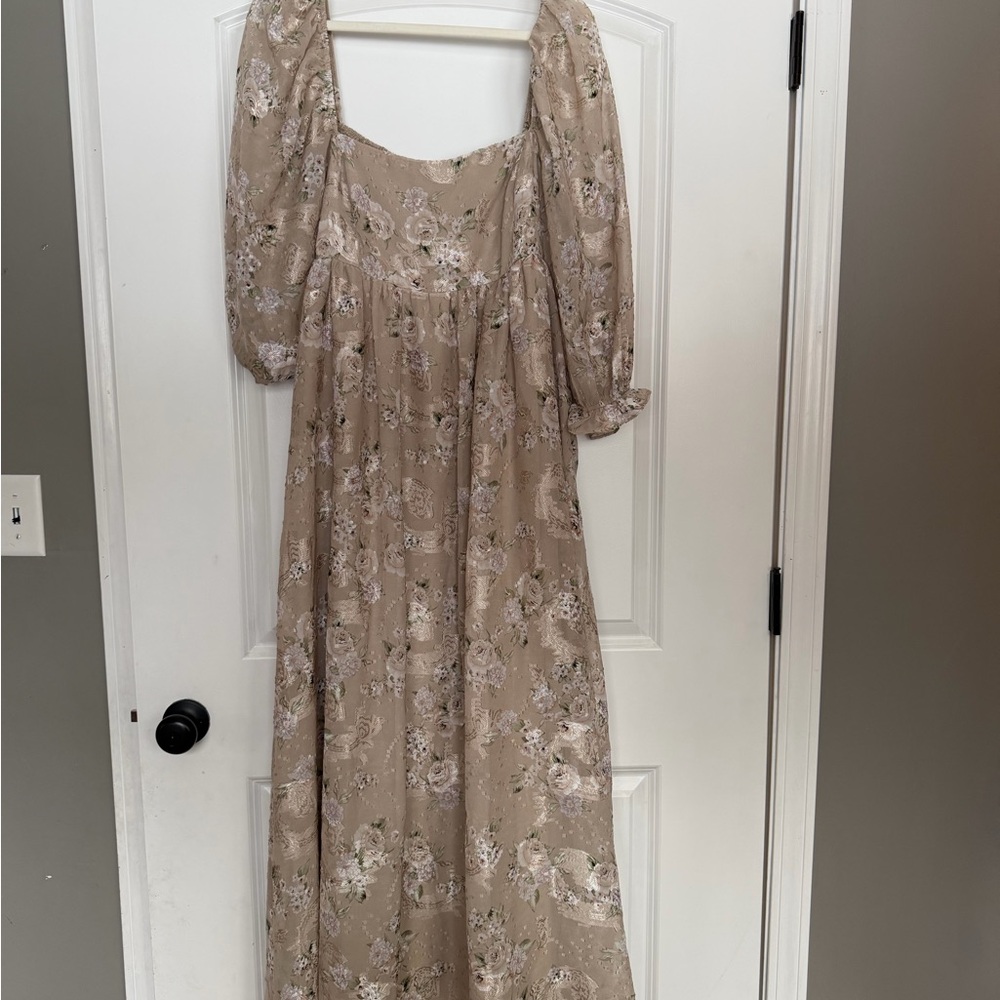 Chic Beige Floral Long Sleeve Dress
